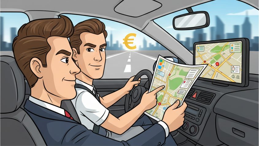 Il titolare alla guida, il consulente al suo fianco con la mappa