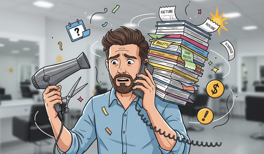 Un parrucchiere con il phon in mano, al telefono, sommerso da fatture e scadenze