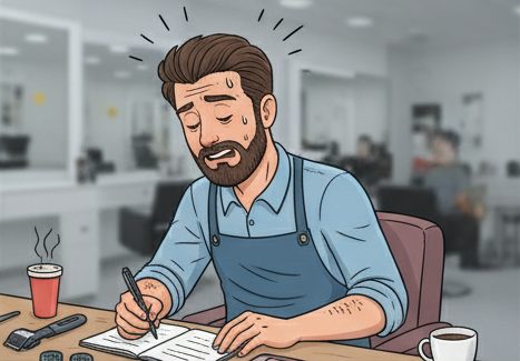 Parrucchiere stanco che fa i conti a fine giornata