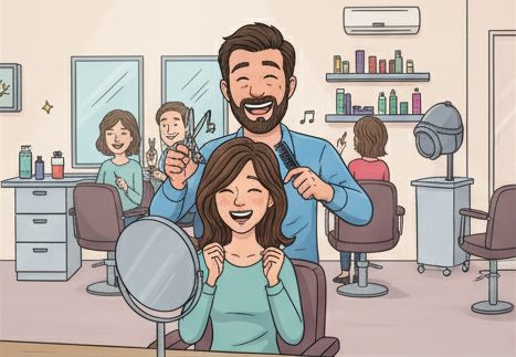 Parrucchiere sorridente con una cliente soddisfatta